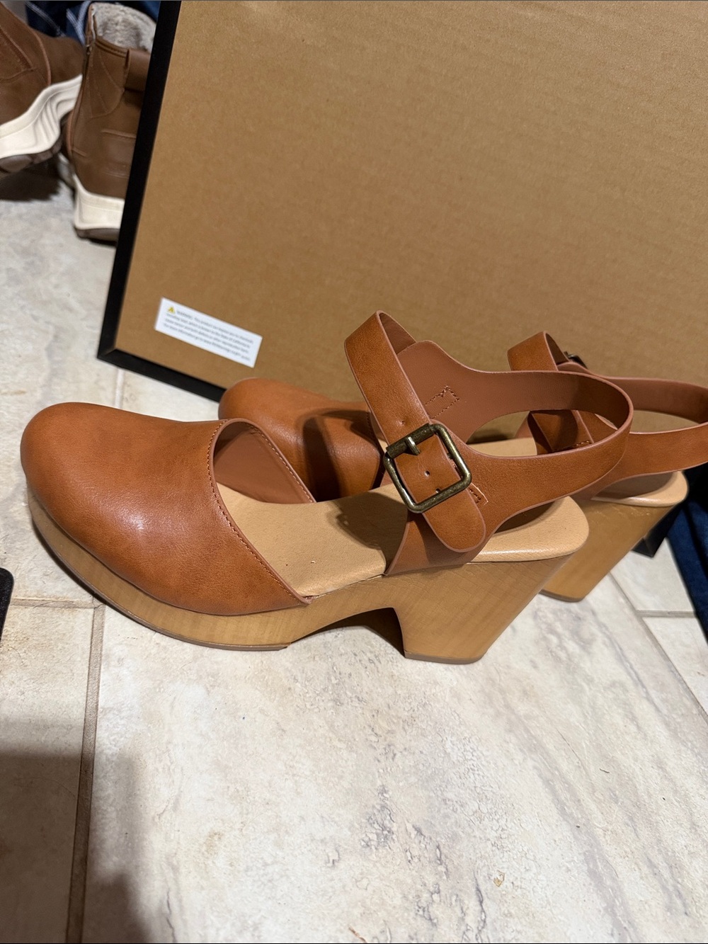 BAMBOO Cognac Brown Mary Jane Clog Heels